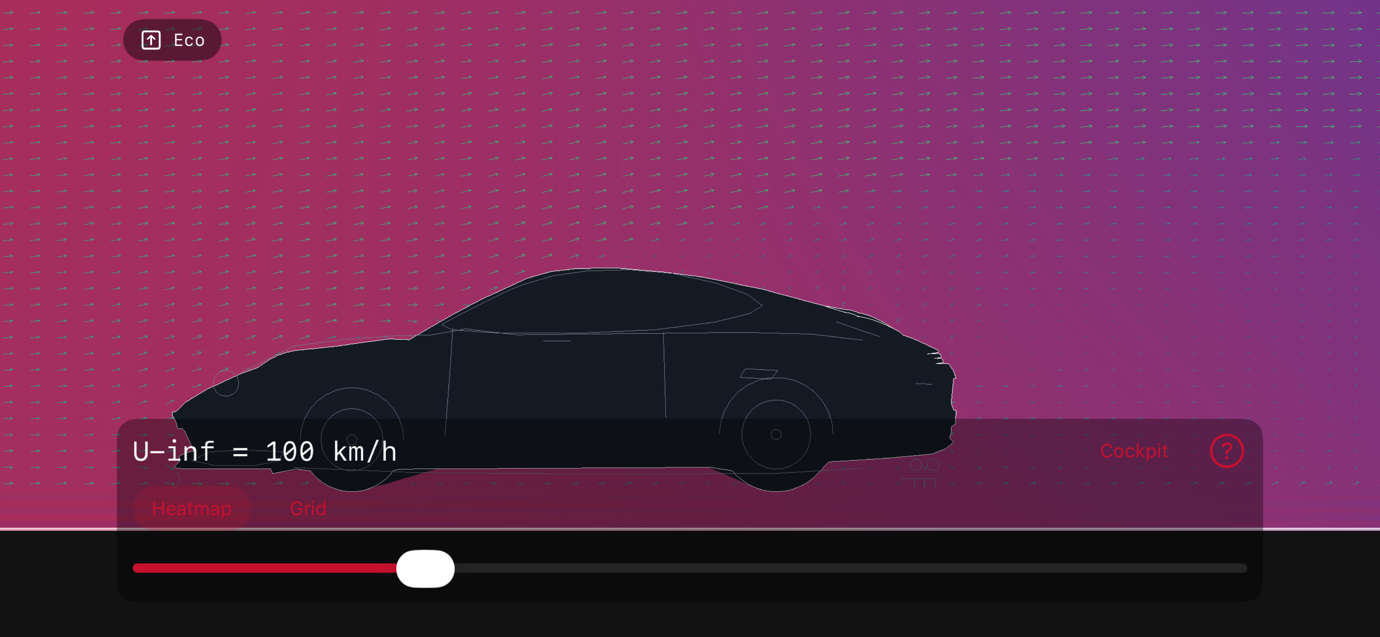 The app showing the airflow field around a sports-car silhouette at 100 km/h, with the live cockpit readout