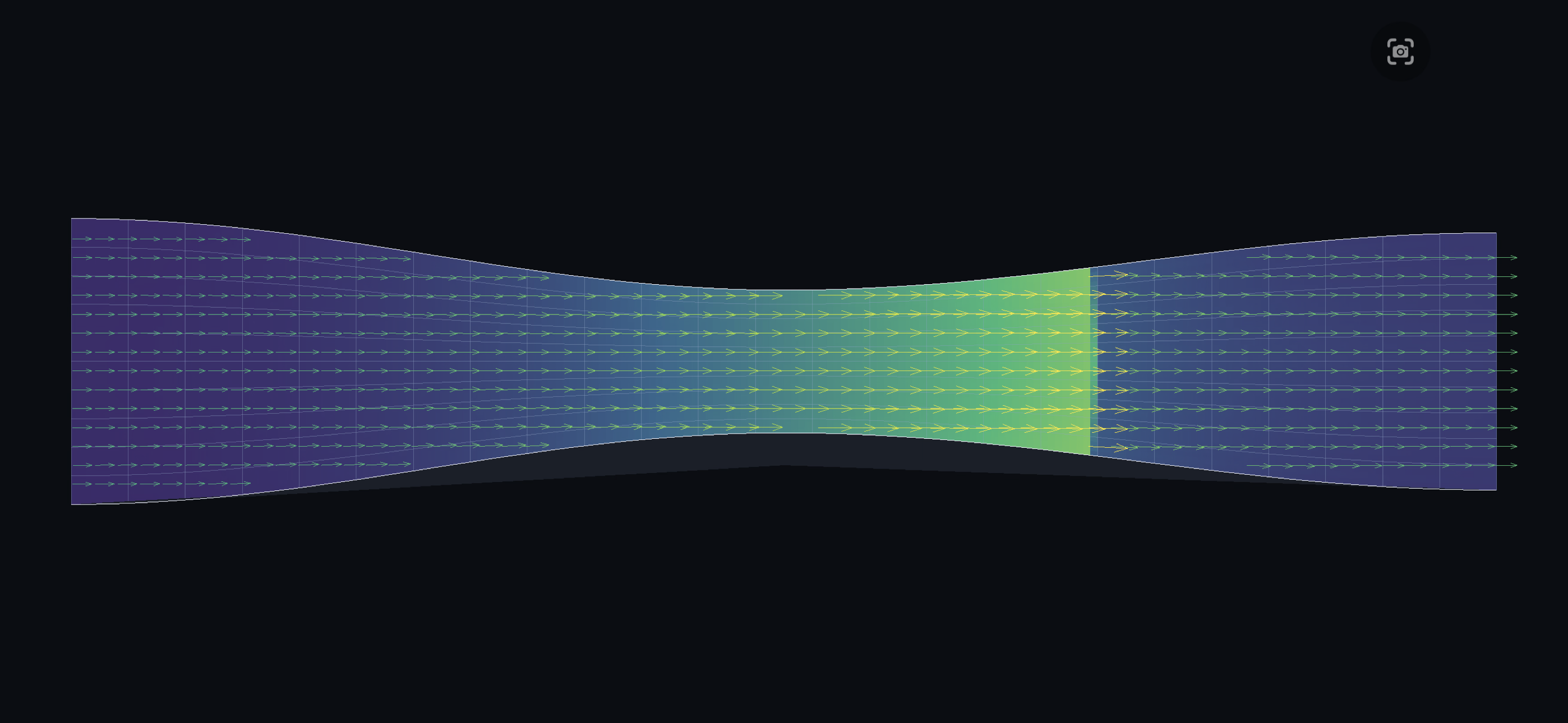 The nozzle lab: flow accelerating through the throat of a converging–diverging de Laval nozzle, shown as a velocity heat map brightening toward the centre