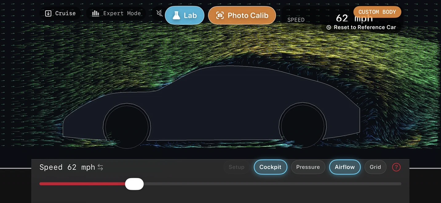 The app running live airflow around a custom body imported from a photograph, marked CUSTOM BODY, with animated streaklines wrapping the driver's own car