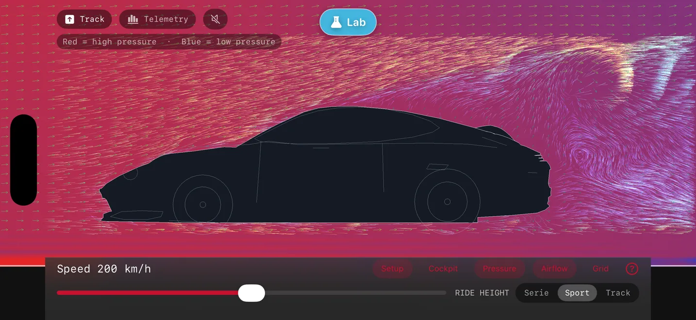 The Setup Lab in the app: a ride-height selector reading Serie, Sport, Track beside the speed slider, with Sport selected at 200 km/h